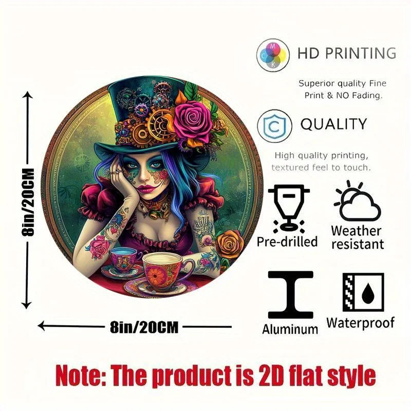 1pc, Steampunk-Inspired Lady Round Aluminum Sign, 8x8 inches, Classic Wall Hanging Decor for Bar, Kitchen, Cafe, Home, Living Ro