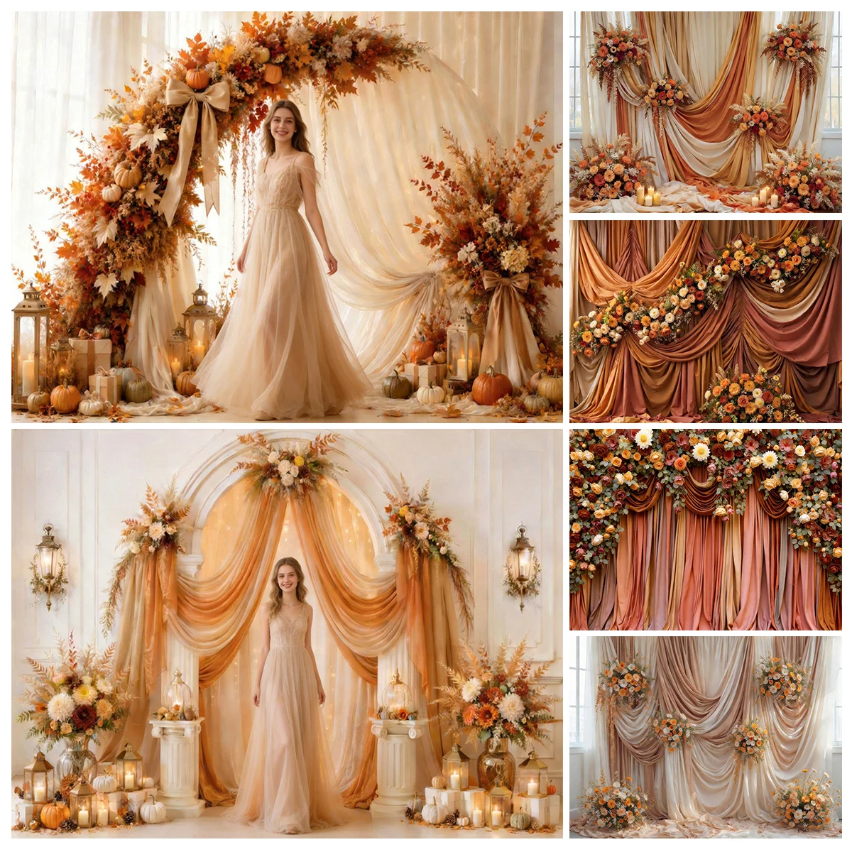 Warm Boho Floral Draped Curtain Backdrop Romantic Wedding Adult Children Newborn Portrait Photography Background Cloth