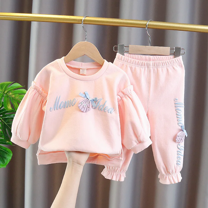 

Spring Letter Embroidery Pink Toddler and Baby Girls Cute Ruffle Sleeve Hoodie+Sweatpant Sets Kids 2 Pieces Clothing1-4 Years