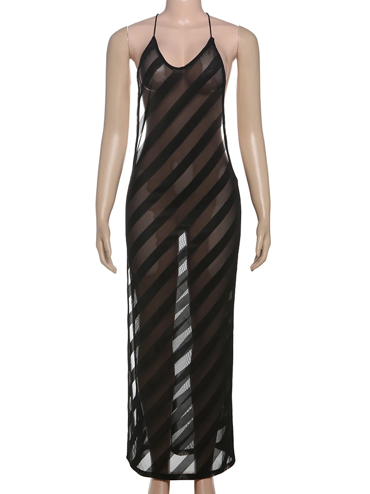 Sisterlinda Zomer Release Junior Enkellange Sexy High Street Jurk Perspectief Meisje Effen Halter Slanke Decolleté Backless Gewaad