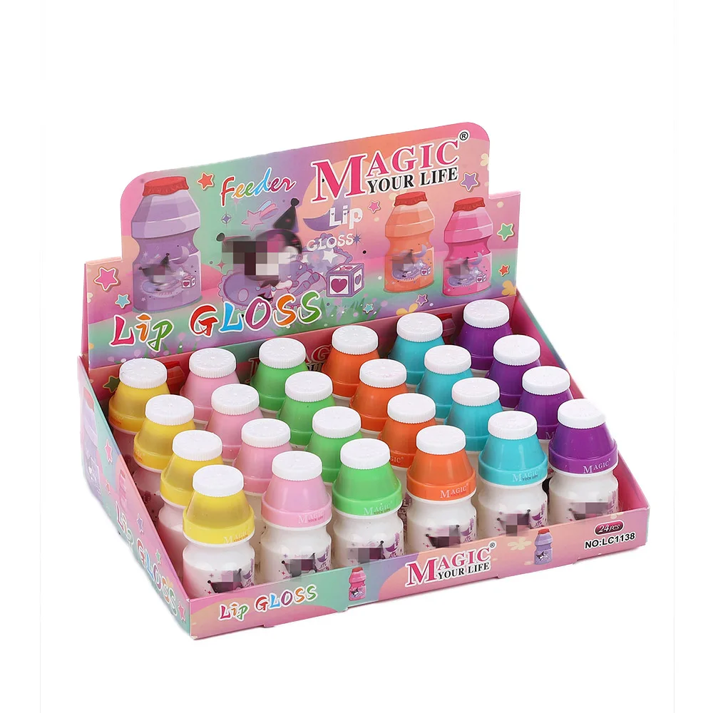 24pcs Cute Cartoon Drink Bottle Lip Gloss Set Glossy Moisturizing Non-sticky Lip Gloss Kawaii Women Lips Makeup Wholesale