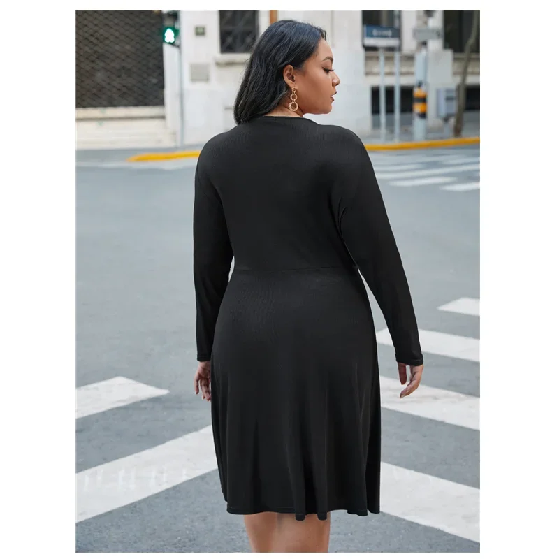 Plus Size Long Sleeve Elegant Spring Autumn Fit Flare Dress Women Button Front Black A-line Midi Dress Large Size Work Dress