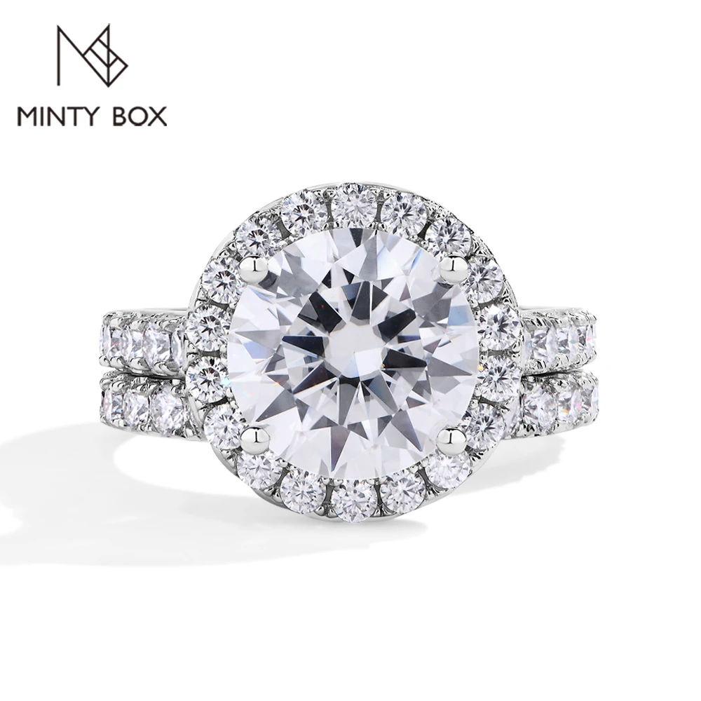 MINTYBOX 4.0ct Moissanite Ring S925 Silver D VVS1 Lab Grown Diamond Halo Brial Set Engagement Rings For Women Wedding Band Jewel