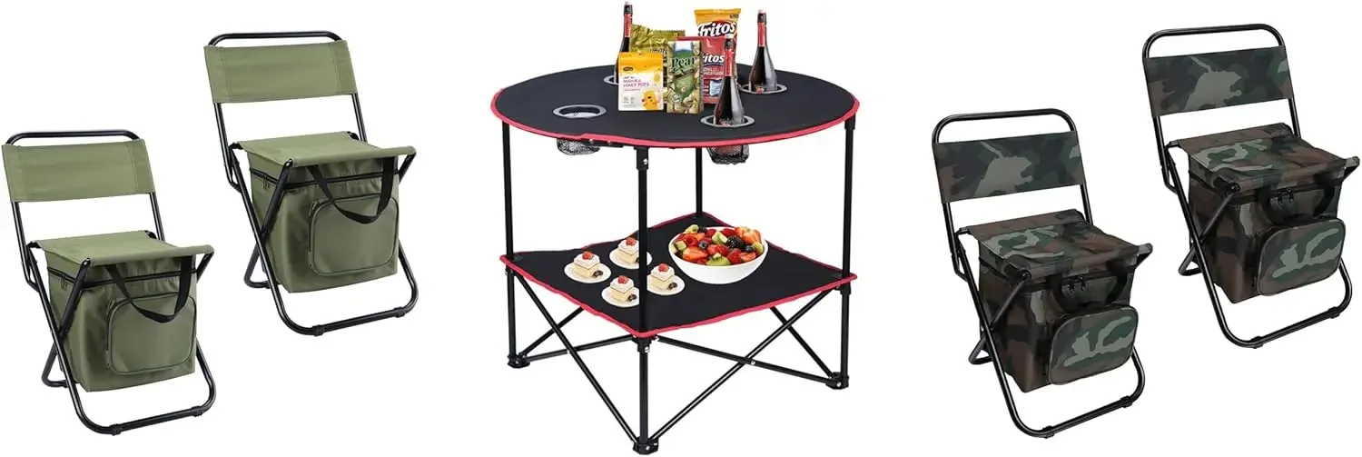 Camping Table Folding Picnic Table with 4 Cup Holders+4 Piece Fishing Chair with Cooler Bag Compact Fishing Stool