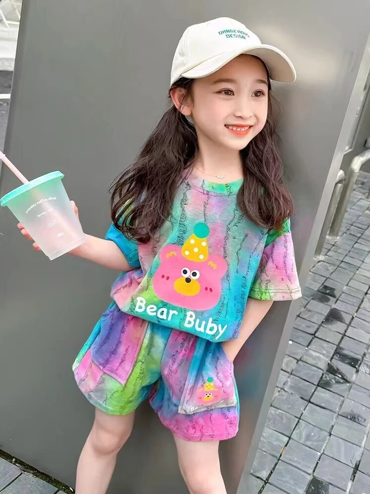 ファッショナブルなタイダイ柄サマーショーツセット-女の子用-ベビー服-トレンディな子供服-漫画風-薄手素材