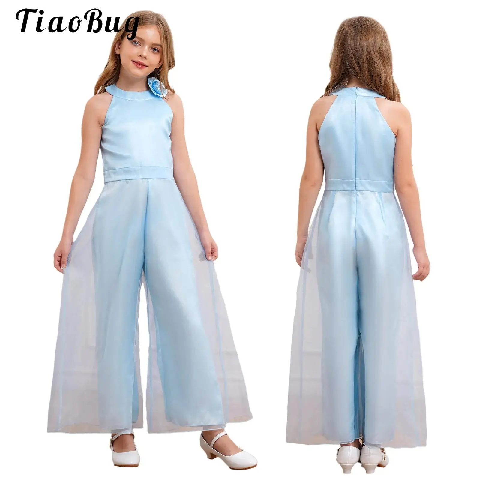 

Girls Jumpsuit Festive Elegant 3D Flowers Satin Trouser Suit Wide Leg with Tulle Layer Wedding Party Evening One Piece Rompers