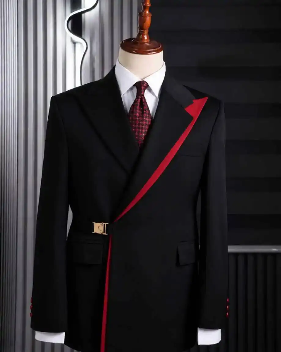 Black Red Contrast Diagonal Lapel Men Single Blazer Gold Buckle Waist Strap Slim Fit Wedding Groom Tuxedo Fashion Customized