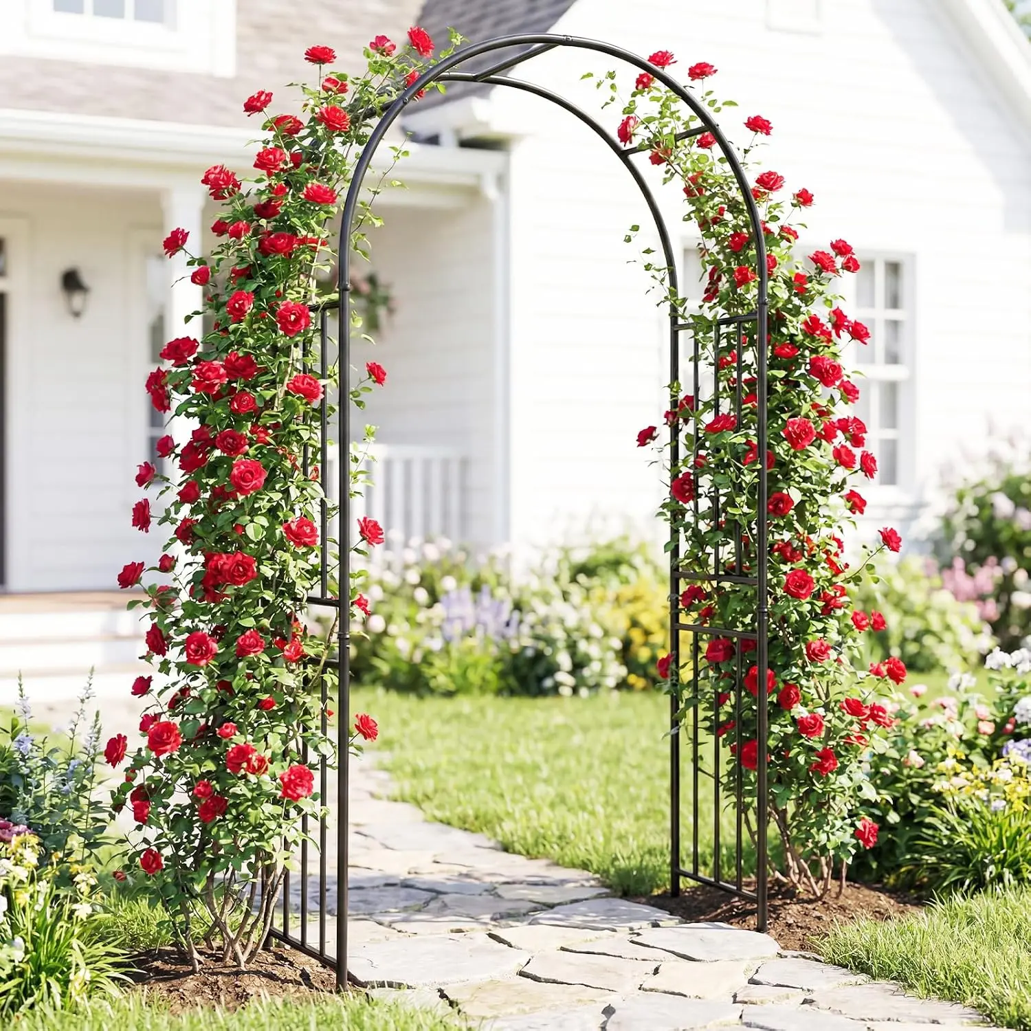 86 Inch Heavy Duty Steel Garden Arch with 8 Ground Stakes for Climbing Plants – Rust-Resistant Outdoor Arbor Trellis for Weddings & Landscaping