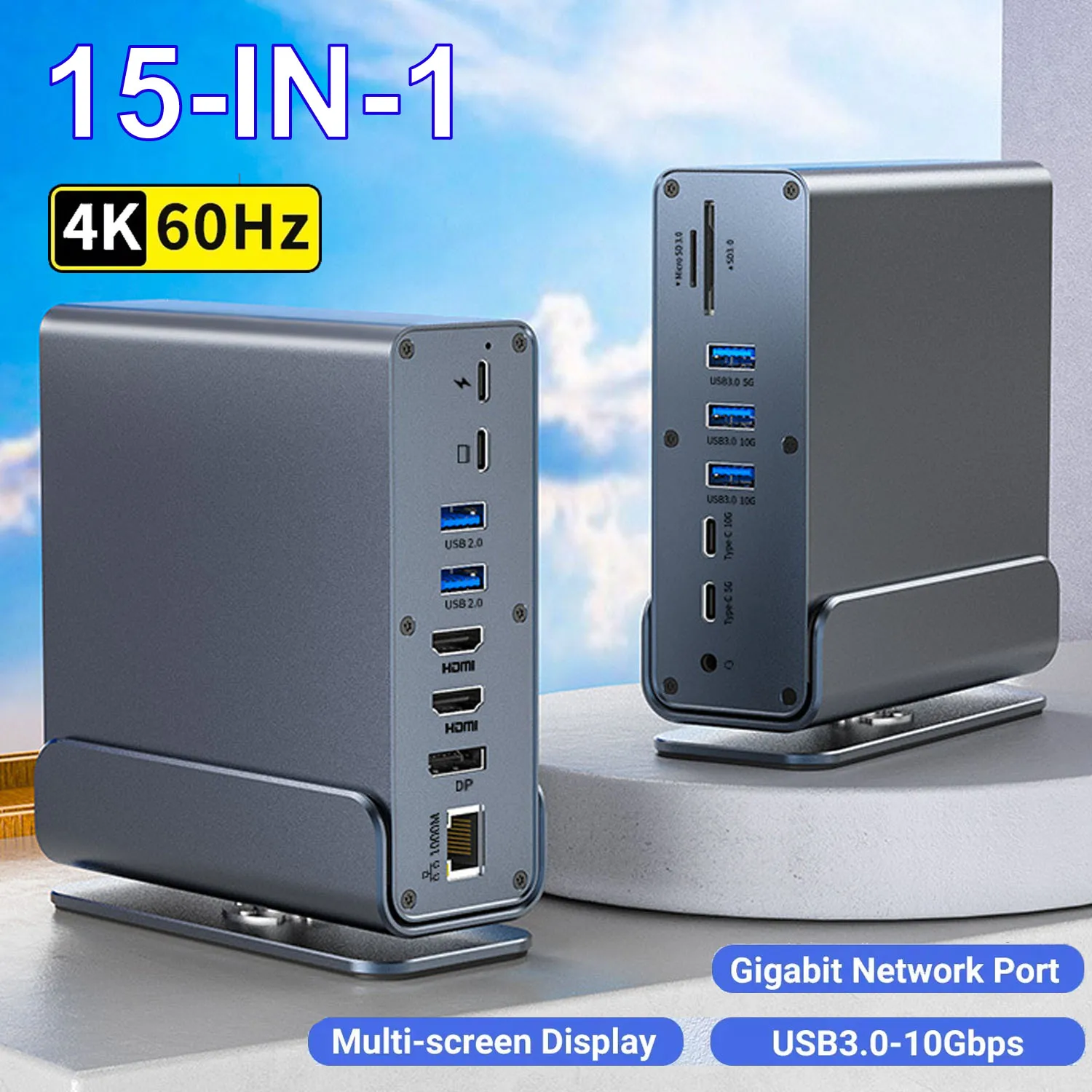 

Док-станция 15 в 1 USB-C Type-C, концентратор 4K, 60 Гц, концентратор HDMI DisplayPort RJ45, 1000 м, USB 3,0/2,0, PD100 Вт, SD/TF, аудио 3,5 для Macbook