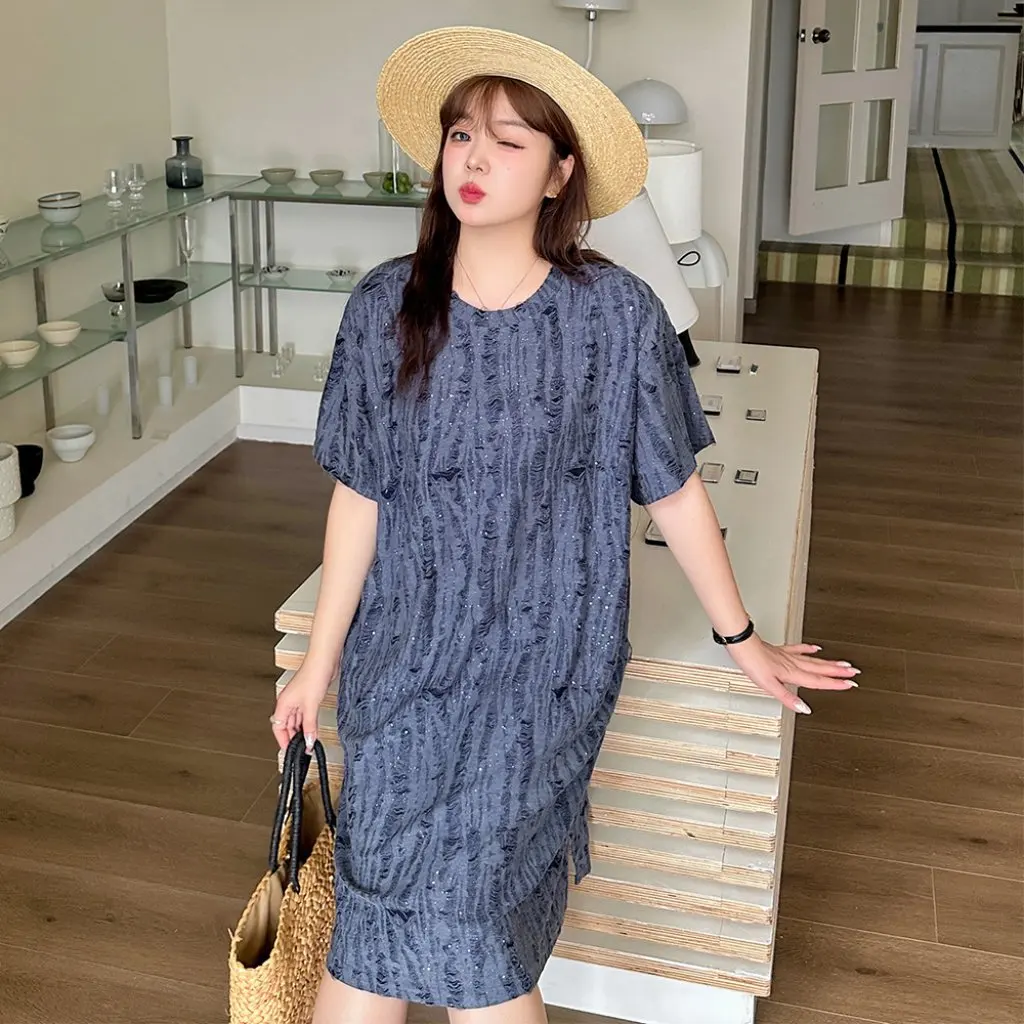 

K2717 plus Size Women's Shiny Hole Knitted T-shirt Skirt Chubby Girl Dress Summer New Loose Fit Fashionable plus Size Dress