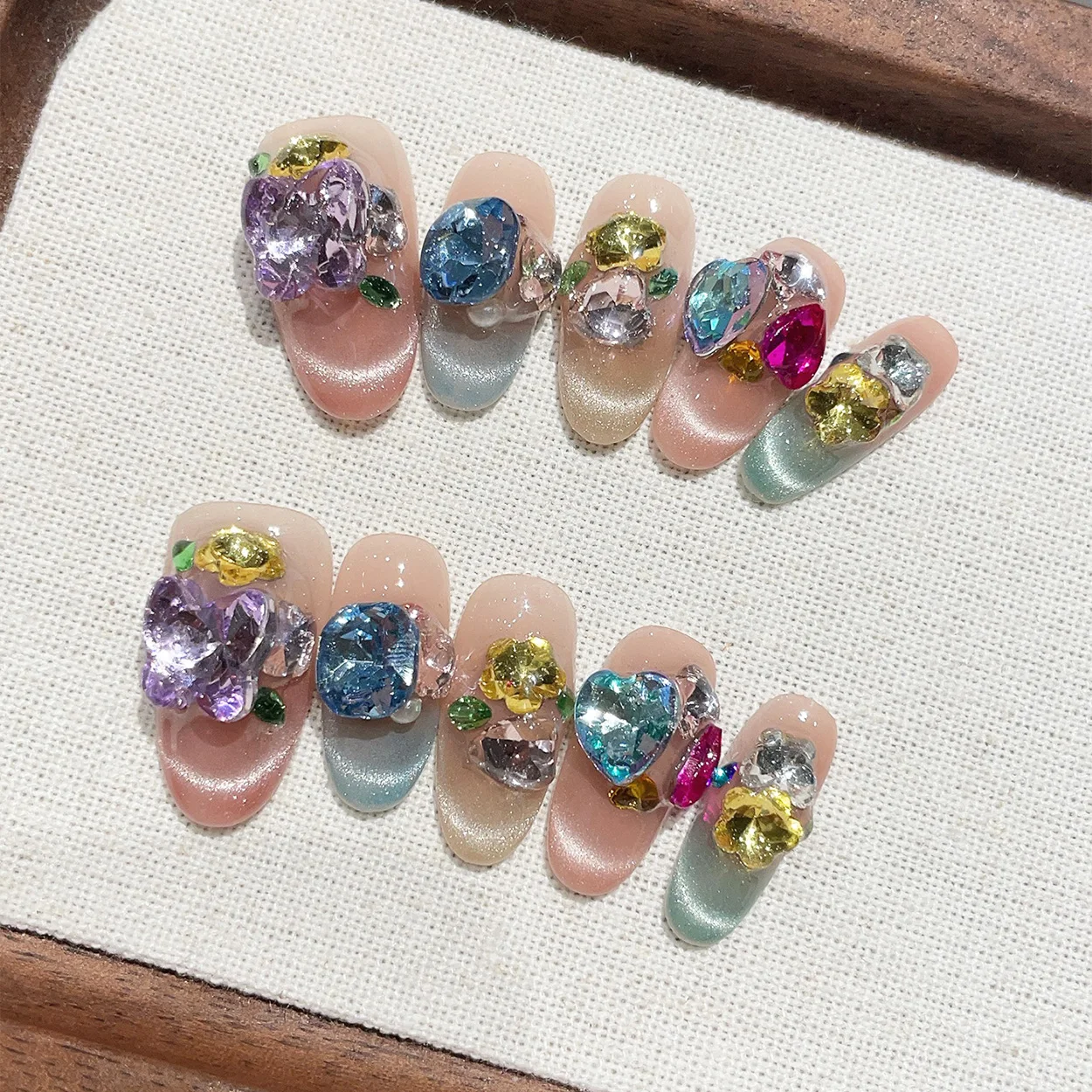 10pcs Medium Oval Handmade Press On Nails Kit, Multicolour F