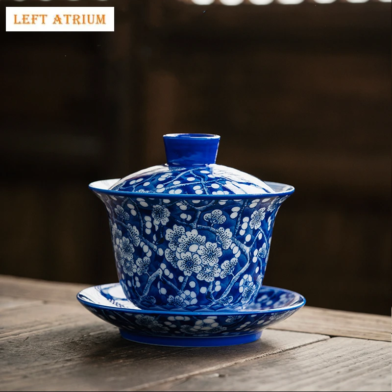 

185ml Large Plum Blue And White Gaiwan For Tea Ceramic Tureen Teaware Cup Chinese Tea Bowls Vintage Chawan Tea Ceramony Set
