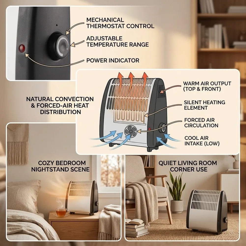Low-Noise Forced-Air Heater for Small Rooms up to 10 Sq M Featuring Automatic Cycling Based on Set Temperature