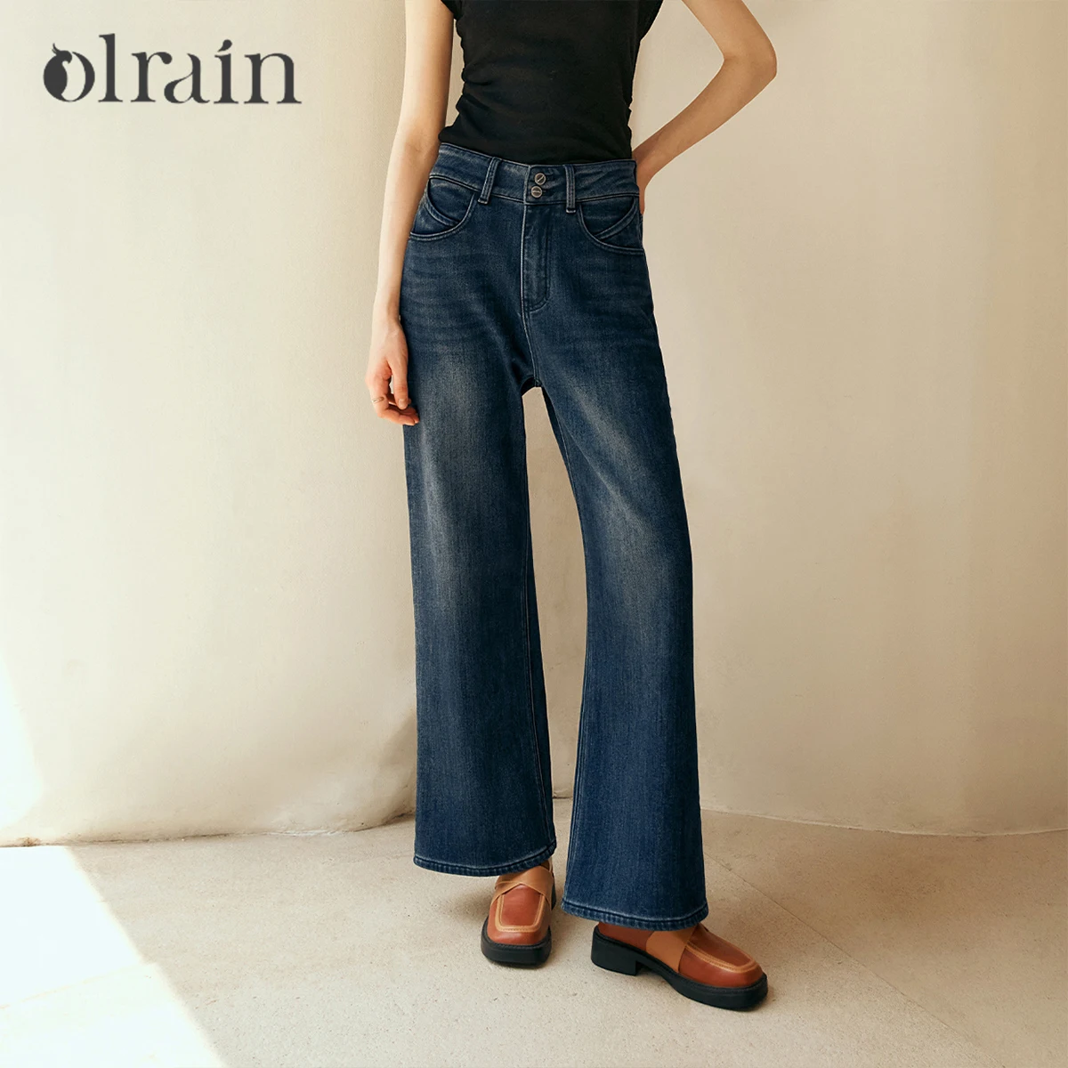 OLrain Women's Denim Jeans 2026 Spring Winter High-waist Straight Wide-leg Pants Vintage Casual Blue Trousers Female O56DK95288