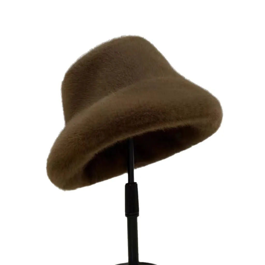 Winter Plush Fisherman's Hat Imitation Fur Sable Hair Hat Women's Solid Color Thickened Simple Warm Pot Hat Gorros 4m693 5