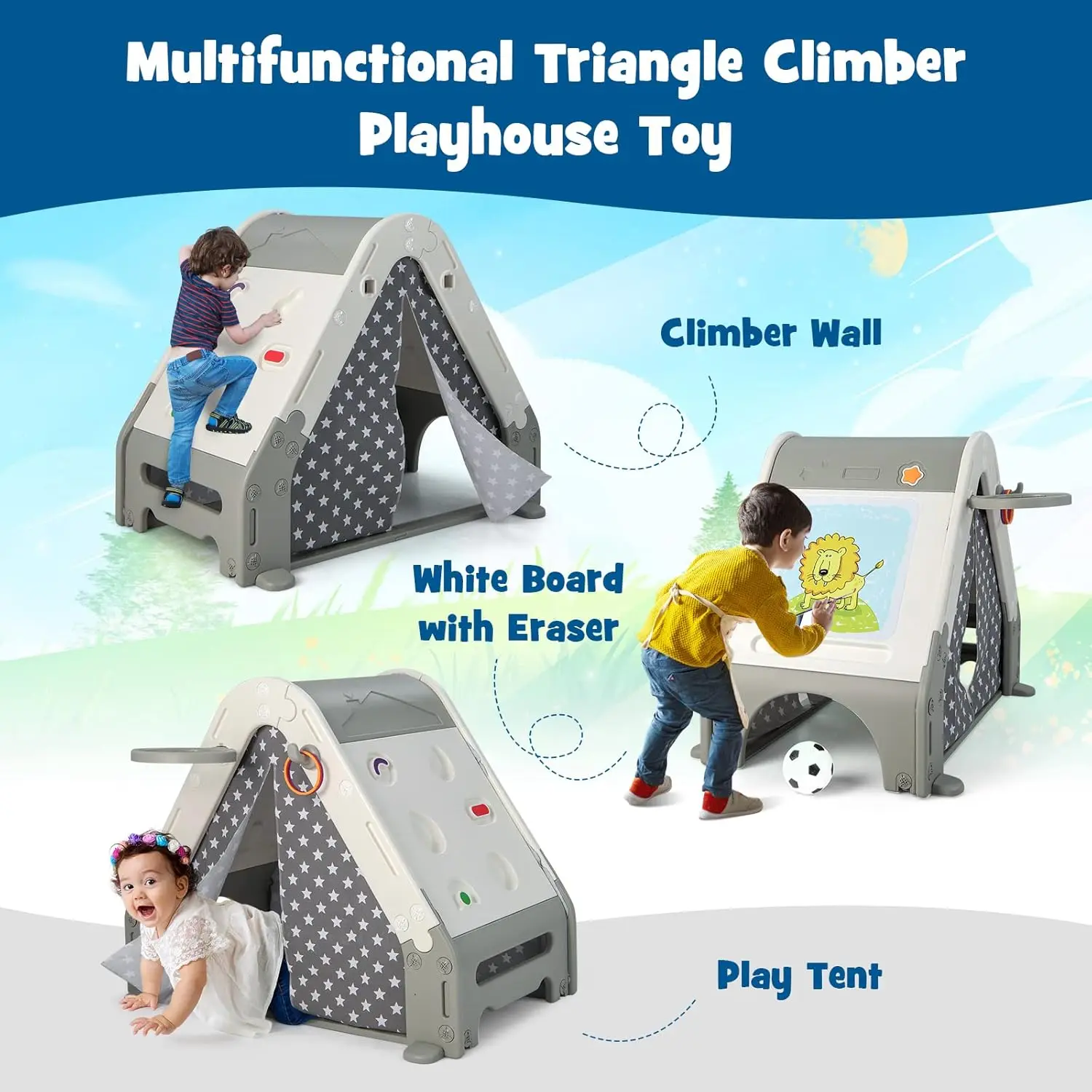 Infans Triangle Climber With Tent, Kids Hideaway Play Tent With Art Easel, Rock Wall Climbing, Waterproof Tent Cover, Crawling