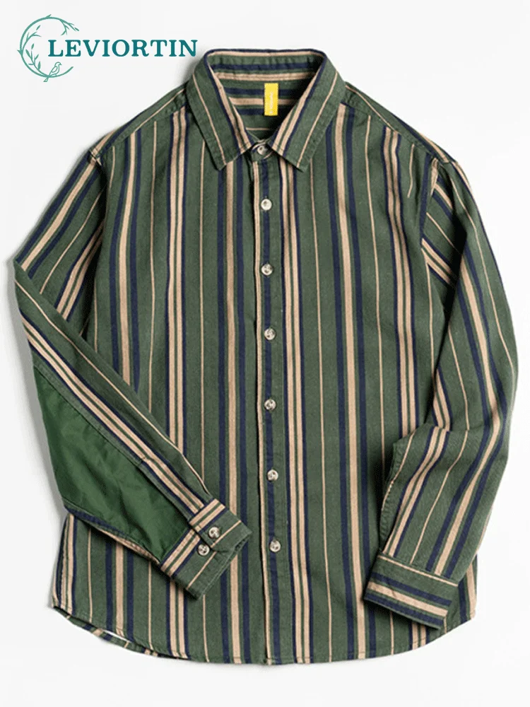 Vintage Men Green Vertical Striped Shirts Long Sleeve Cotton Button Up Tops Male Shirt Tops Korean Streetwear Camisas De Hombre