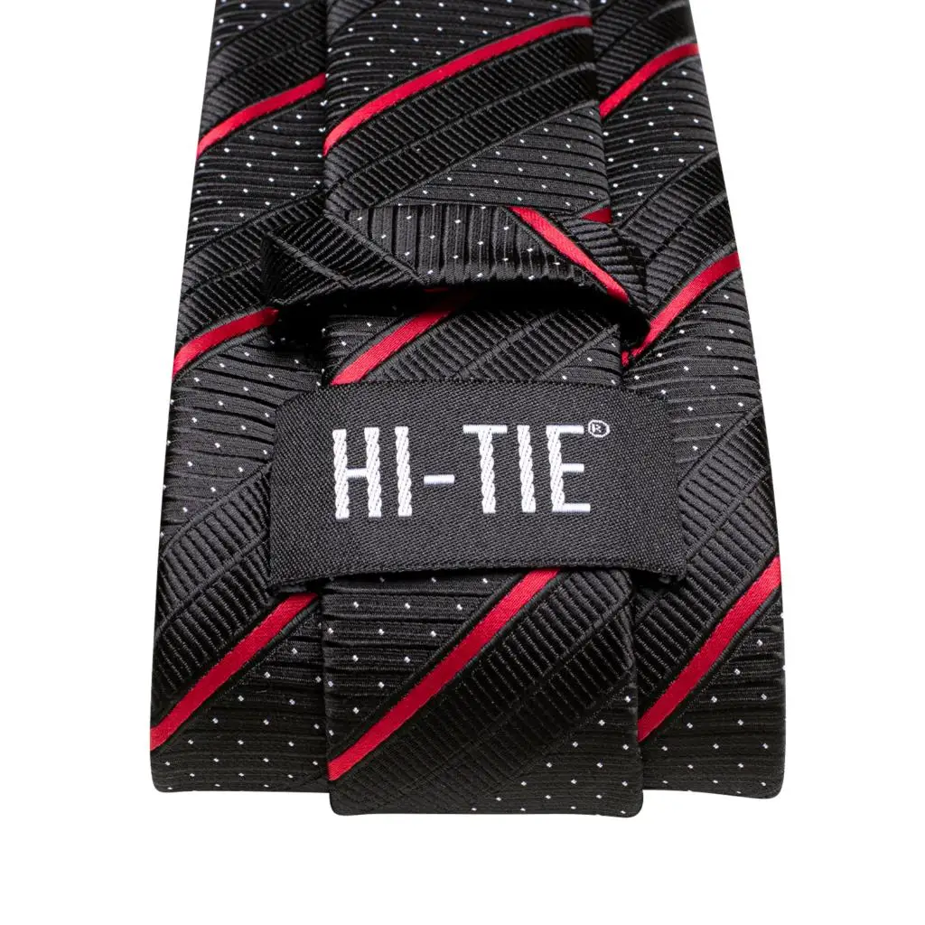 Hi-Tie Striped Black Red Mens Fashion Necktie Handkerchief Cufflinks for Tuxedo Accessory Classic Silk Luxury Tie for Man Gift