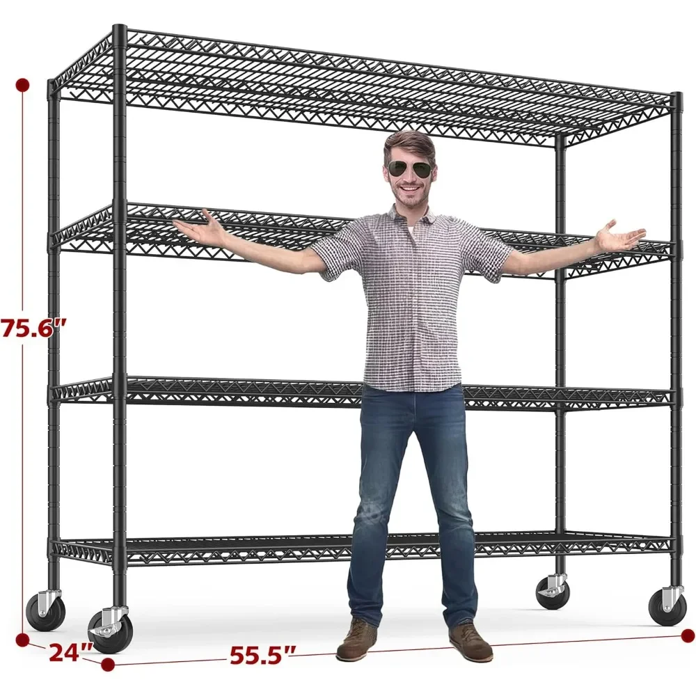 Prateleiras de armazenamento Unidade de estantes de arame com rodas 2500LBS Prateleiras de metal resistentes para armazenamento Rack de armazenamento de garagem ajustável Despensa