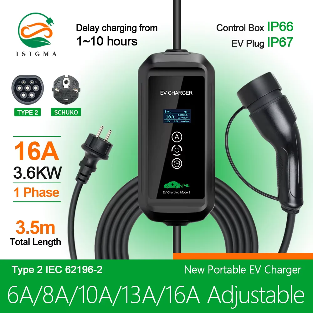 ISIGMA Type2 IEC62196-2 Portable EV Charger 16A 3.6kw EVSE Charging Cable with SCHUKO Plug for Electric Car Wallbox Portable