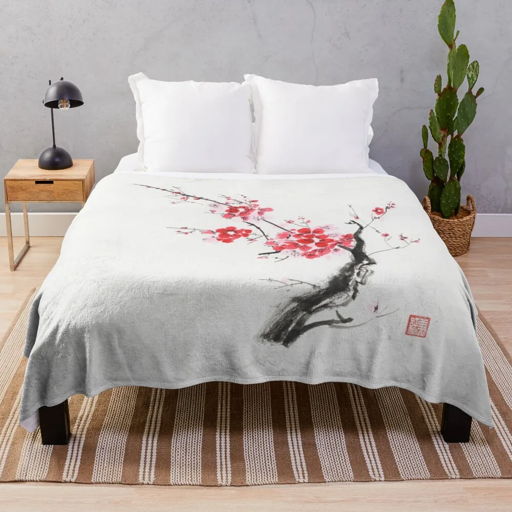 

Cherry blossom abstract Japanese Zen painting of Sakura branch with red flowers on white art print Throw Blanket Polar blanket