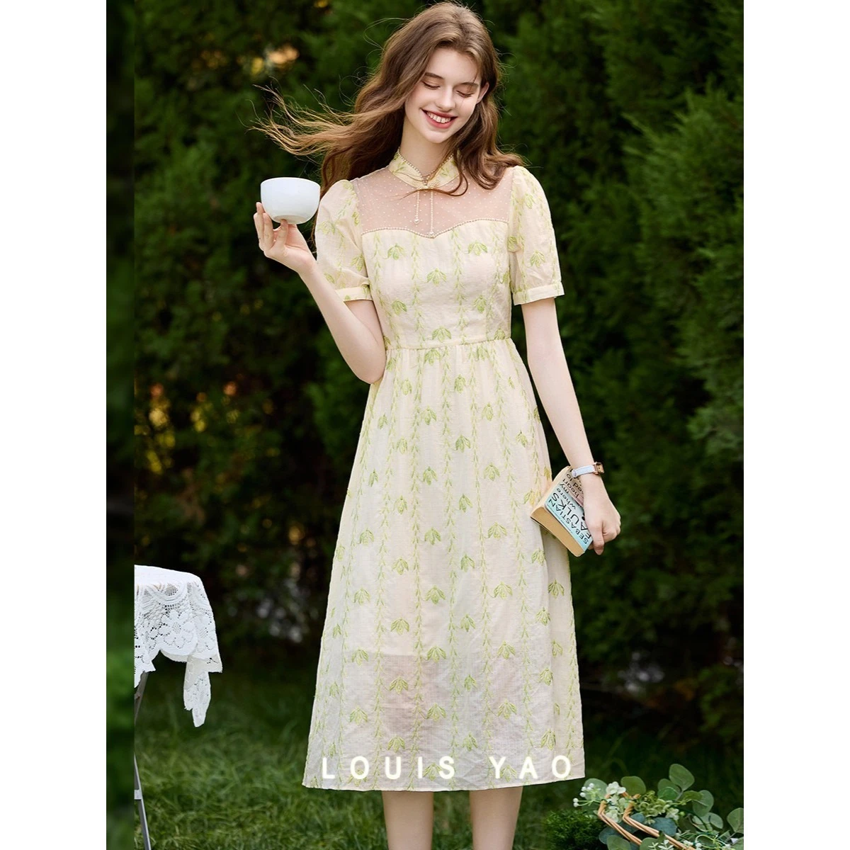 

LOUIS YAO Collar Printed Long Dress 2025 Summer Romantic Casual Elegant Skirt Patchwork Bubble Sleeve Women's Dress New