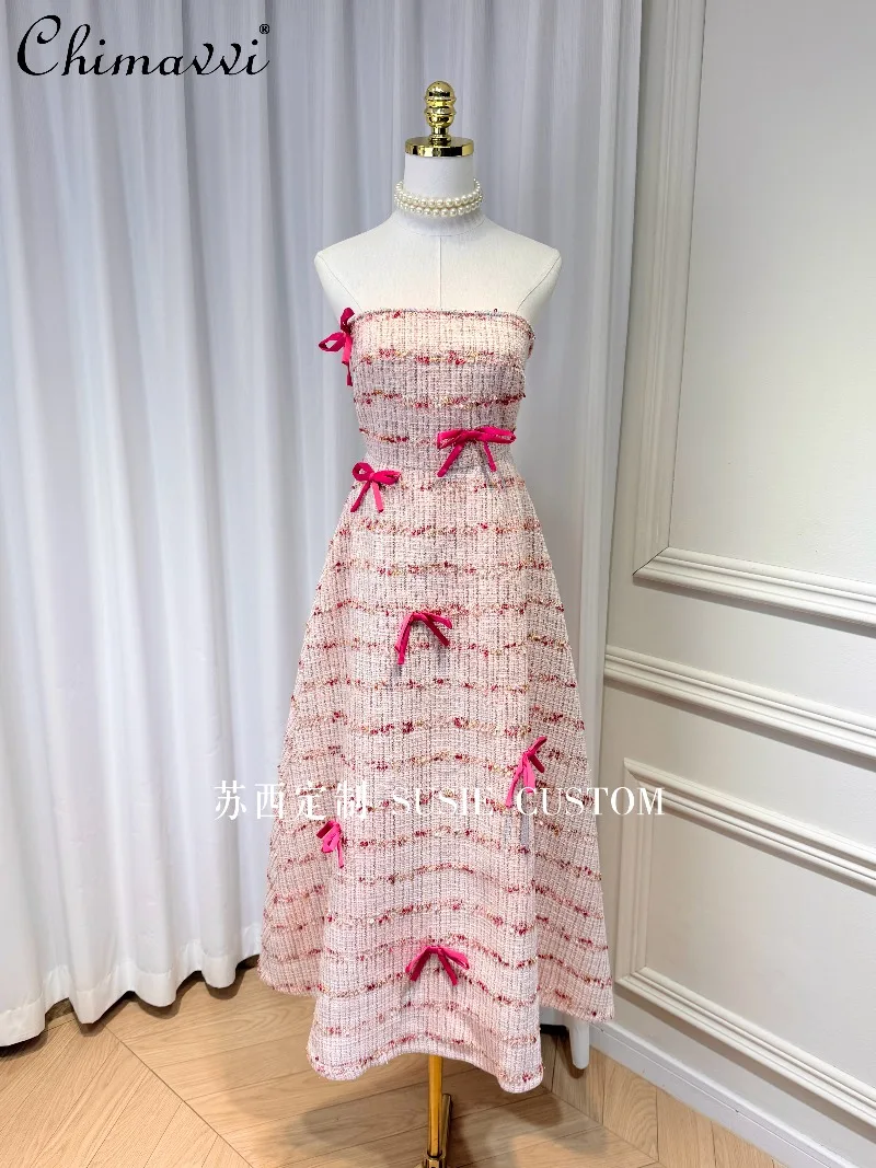 

High-End Fashion Tweed Beaded 3D Bow Contrast Color Striped Strapless Long Dress Autumn New Sexy Girl Elegant Women's Dress