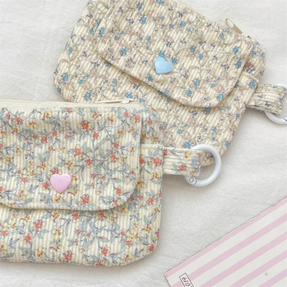 Portable Corduroy Coin Purse Floral Multi-layer Card Holder Snap Button Lipstick Pouch for Student Girls