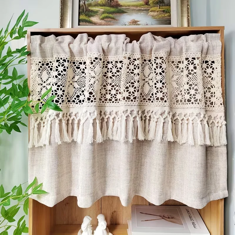 1pc Vintage Boho Crochet Geometric Lace Faux Linen Curtain, Coffee Brown Rod Pocket Kitchen Window Tier