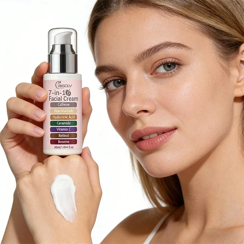 30ml 7-in-1 Essence Cream, Moisturizes and Firms the Skin, and Brightens the Complexion, Contains Caffeine, Niacinamide, Hyaluronic Acid, Ceramide, Vitamin C, Retinol, Etc., Suitable for Women's Daily Facial Care, Comes in a Press Bottle, Safe, Hygienic, and Easy to Carry