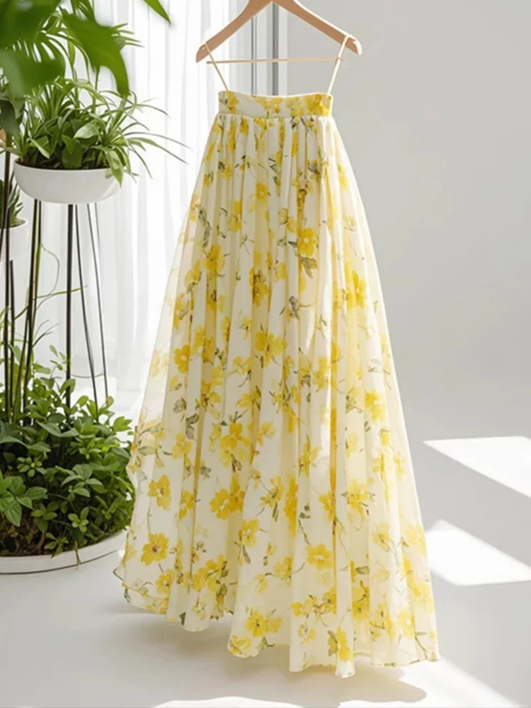 Zoki Yellow Floral Sweet Long Skirts Women Fashion Loose High Waist Elegant Skirts Korean Chic Casual All Match Long Skirts New