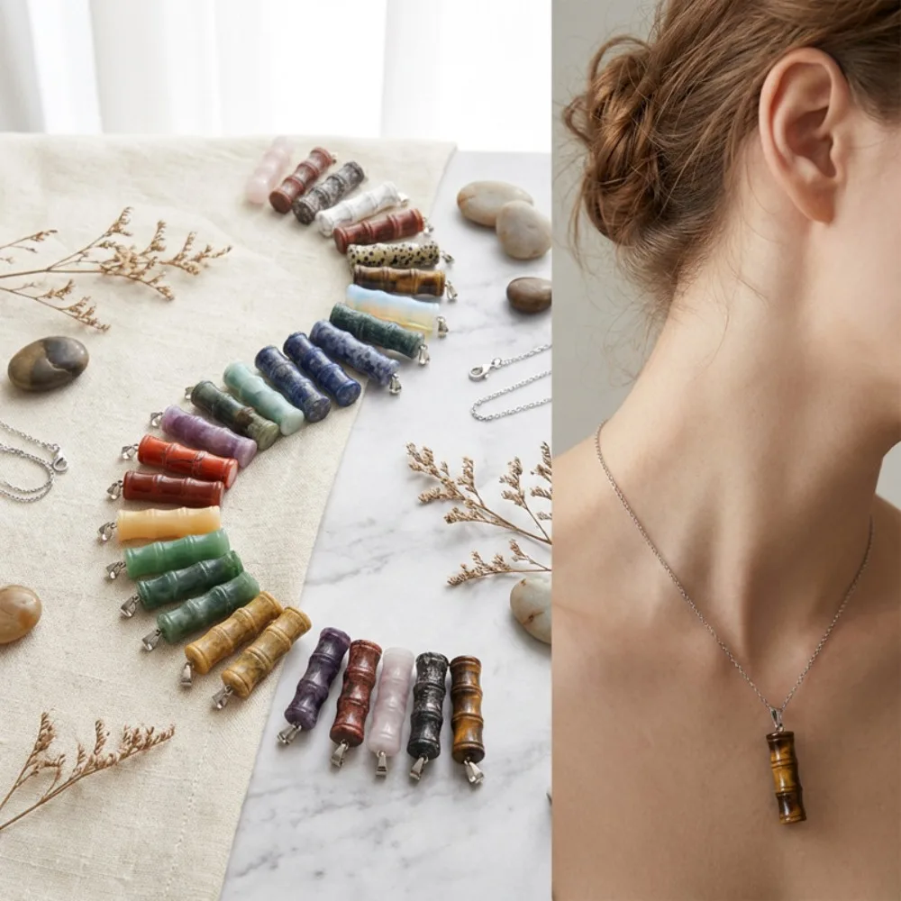 Bamboo Shape Natural Stone Pendants, Mixed Gemstone Charms for DIY Jewelry Making Necklace