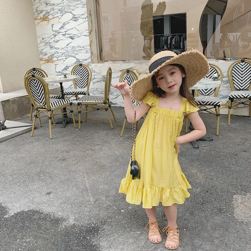 Children Summer Girls Casual Dress Solid Sleeveless Patchwork Ruffles Girls Dresses Clothes Square Collar Folds Princess Dress