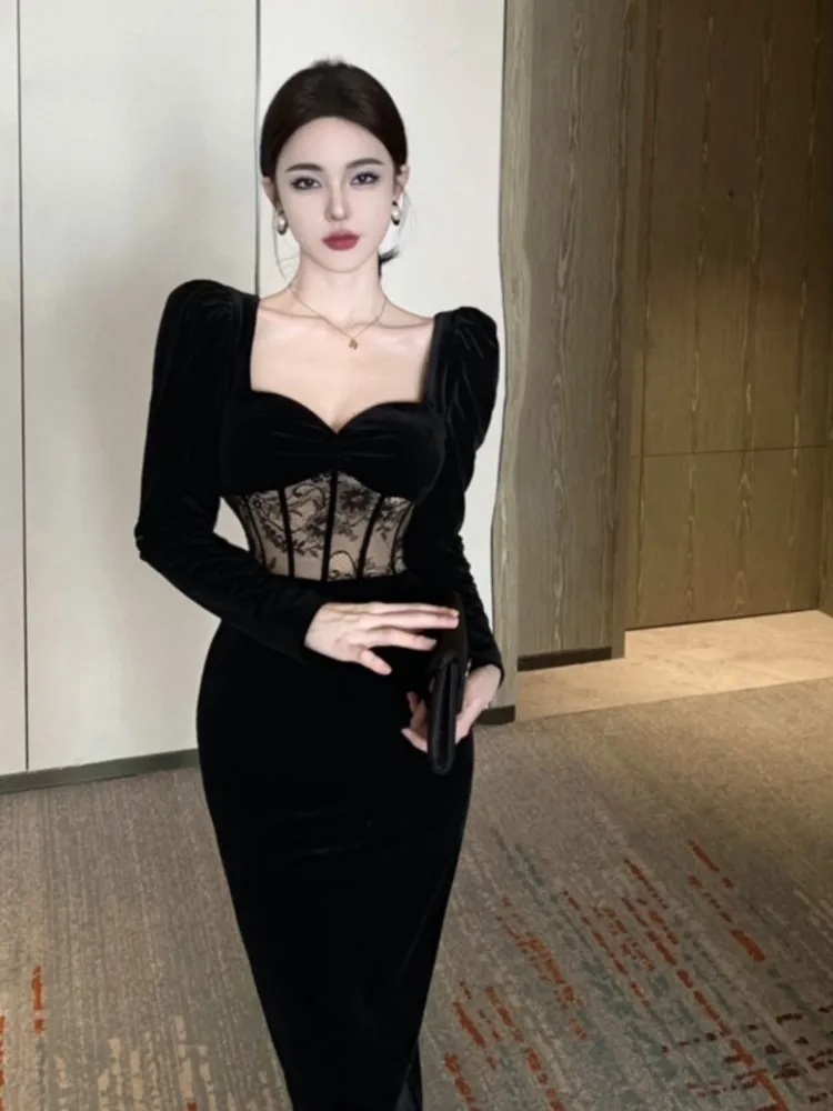 Sexy Bodycon Lace Long Sleeve Party Dress Women Vintage Square Collar Black Midi Dresses Fashion Autumn Elegant Vestidos Largos