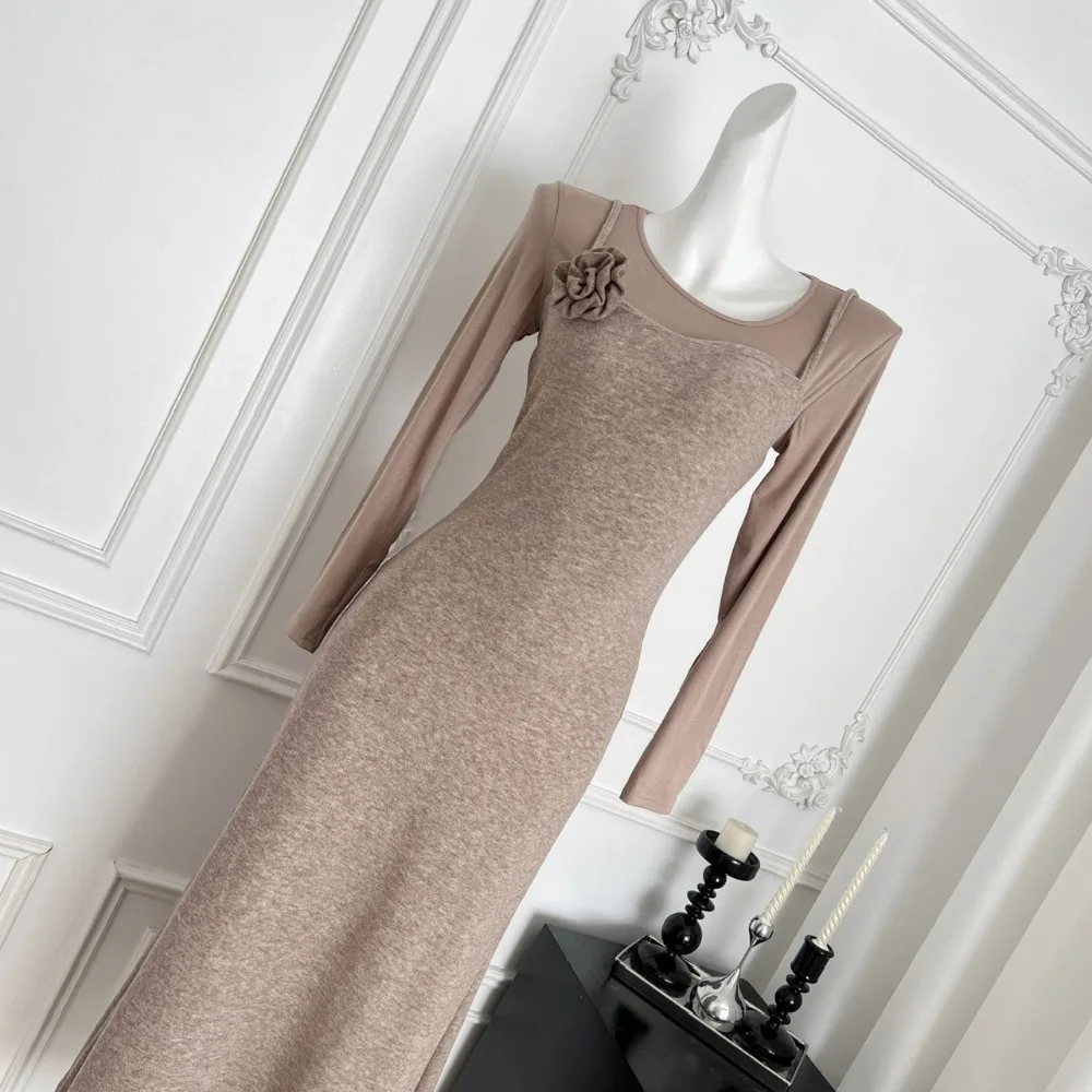 Schickes, elegantes, langärmliges, gespleißtes Strickkleid mit Blumenmuster, elegantes O-Ausschnitt-Kleid, koreanische Modezeremonie-Kleider