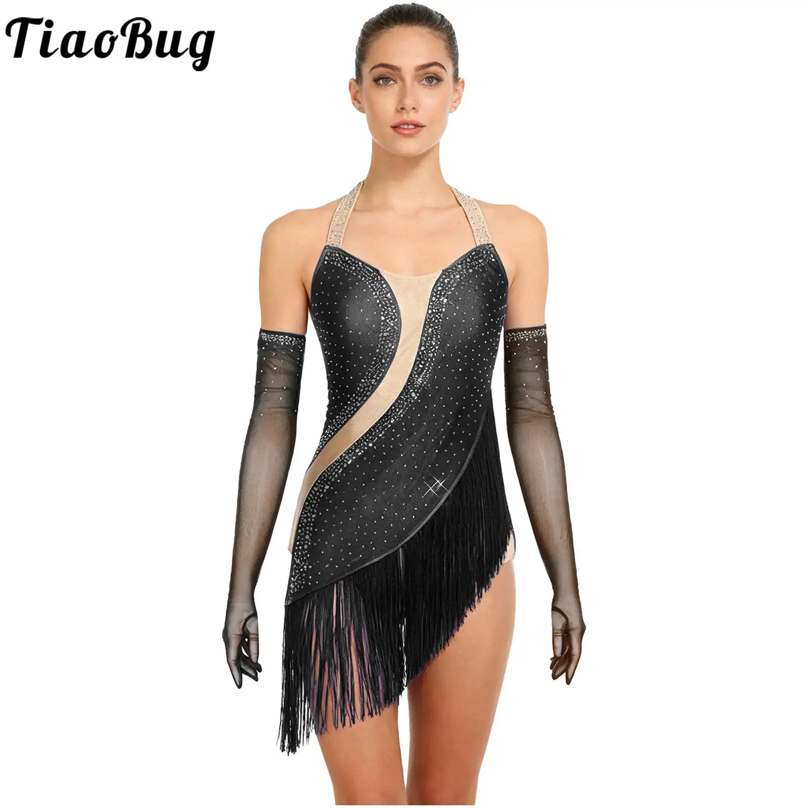 

Women Latin Dance Tassel Bodysuit and Gloves Rhinestone Halter Backless Fringe Leotard Jumpsuit Tango Jazz Cha-cha Dance Costume