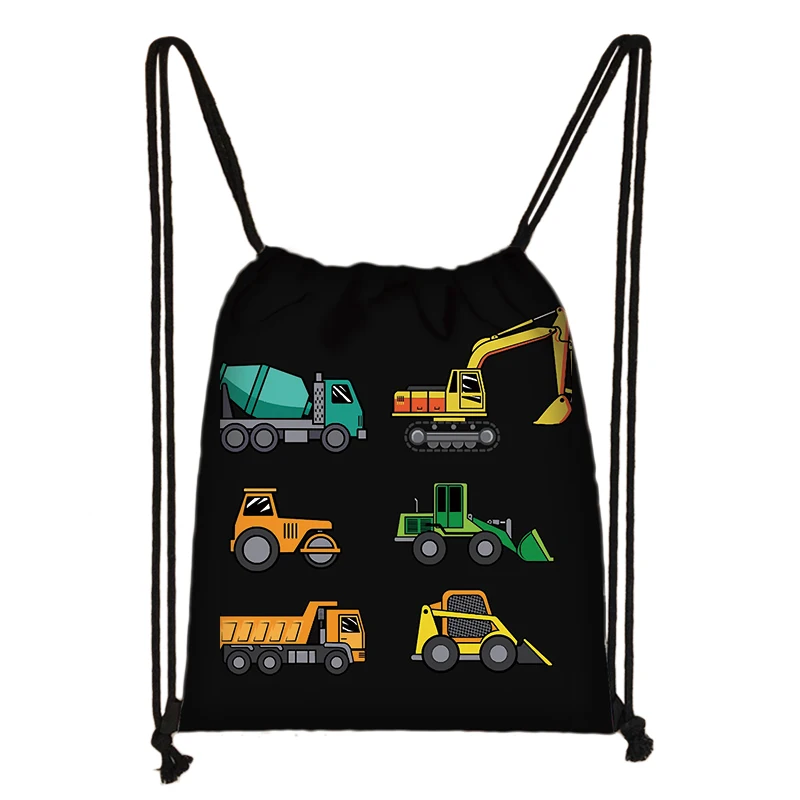 Cartoon Excavator Tractor Fire Truck Print Drawstring Bag Teenagers Engineering Vehicle Canvas Backpacks Portable Storage Bag