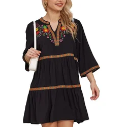 Eaeovni Women's Mexican Embroidered Dress Summer Peasant Style Floral Dresses Traditional Fiesta Skirts for Women