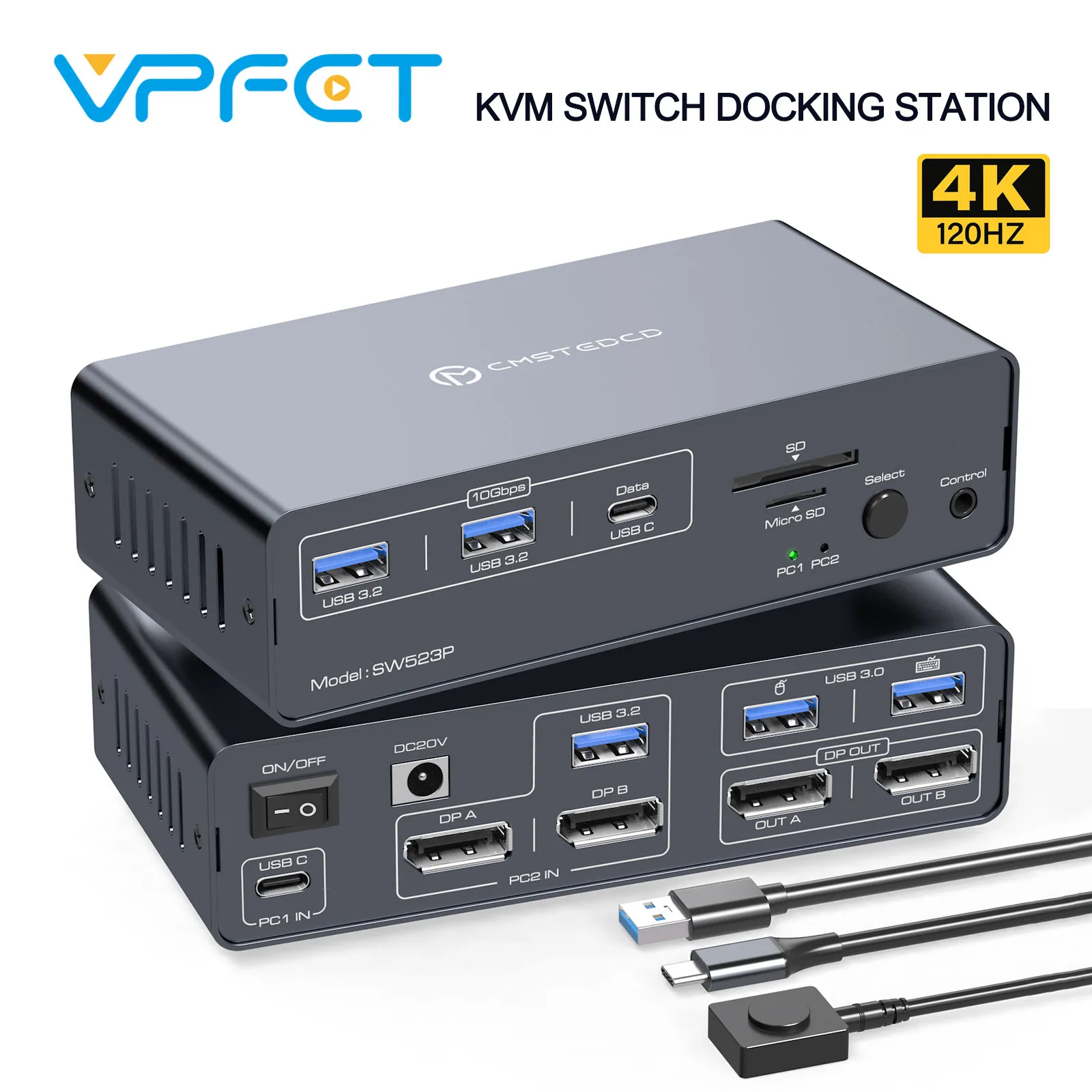 

USB-C DP KVM Switch Docking Station 2 PC 2 Monitors 4K@120Hz USB 3.2 Devices Support 100W PD Charging with Windows MacOS VPFET
