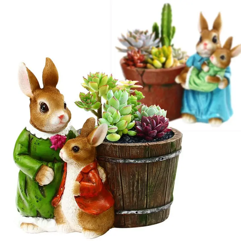 Cute Mother And Child Rabbit Succulent Flowerpot Resin Adornments Landscape Park Sculpture Crafts Garden Balcony Figurines Decor