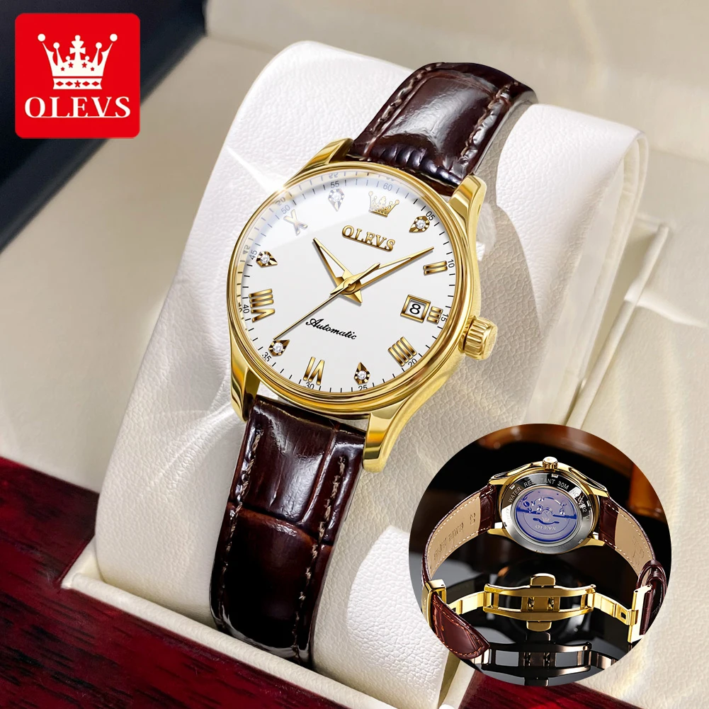 

OLEVS 9932 Women's Automatic Mechanical Watches Luxury Brand Leather Strap Waterproof Luminous Self-winding Date Ladies Watch