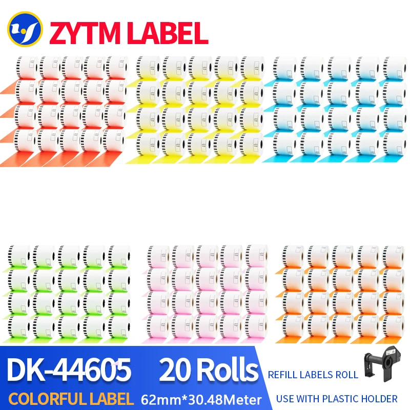 

20 Rolls Yellow/Red/Blue/Green/Pink/Orange Brother Generic DK-44605/DK-22205 Label Compatible for QL-700/QL-800 Thermal Printer