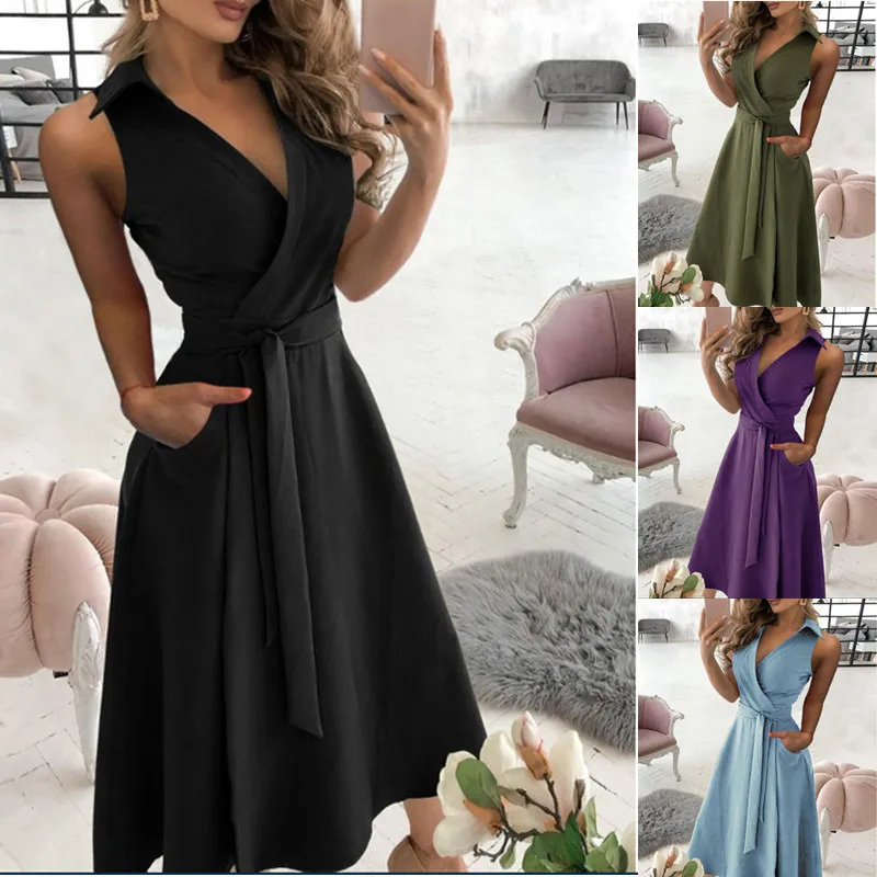 Spring/Summer Fashion Long sleeved V-neck Sexy Dress Solid Color Casual Simple Party Women's Dress