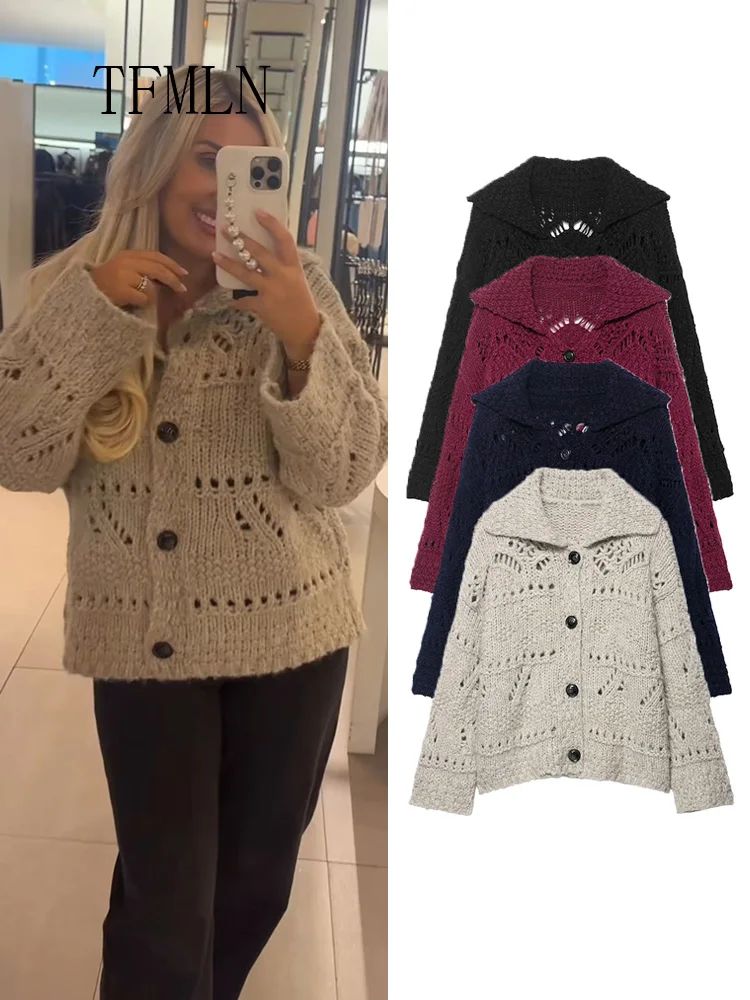 

TFMLN ажурные вязаные свитера для женщин, однобортный однобортный толстый свободный кардиган, топы, повседневные пальто с длинными рукавами и лацканами