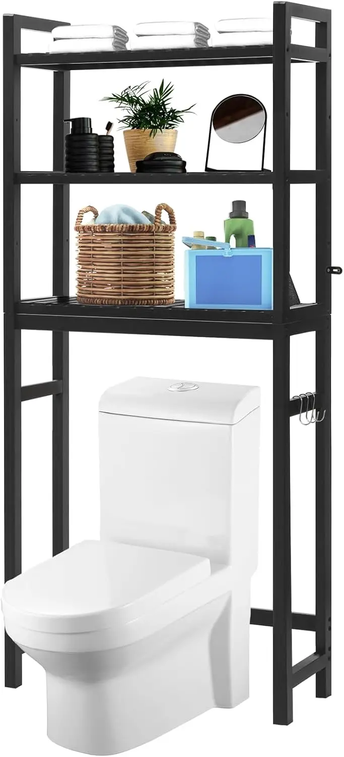 

Adjustable 3-Tier Over Toilet Shelf, Bamboo Freestanding Organizer with Hooks for Bathroom Laundry Balcony, Black 67" H