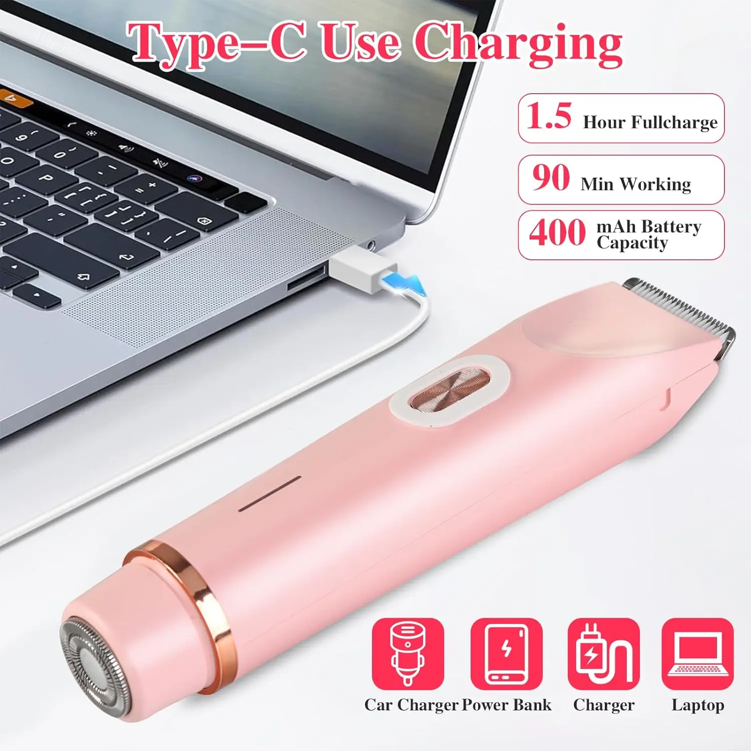 Barbeador feminino de cabeça dupla, aparador de biquíni 2 em 1, barbeador corporal feminino, carga usb, lâminas elétricas indolores, dispositivo de remoção de pele de seda