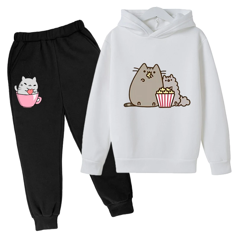 Cute Cat Cartoon Print Hoodie Kids Clothes Funny Sweatshirt For Girls/boys Harajuku Kawaii Winter Children Clothing Sets