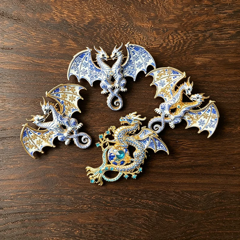 Blue and White Porcelain Style Animal Brooch Rhinestone Enamel Lapel Pins Vintage Costume Jewelry for Women Scarf Coat Decor view 4
