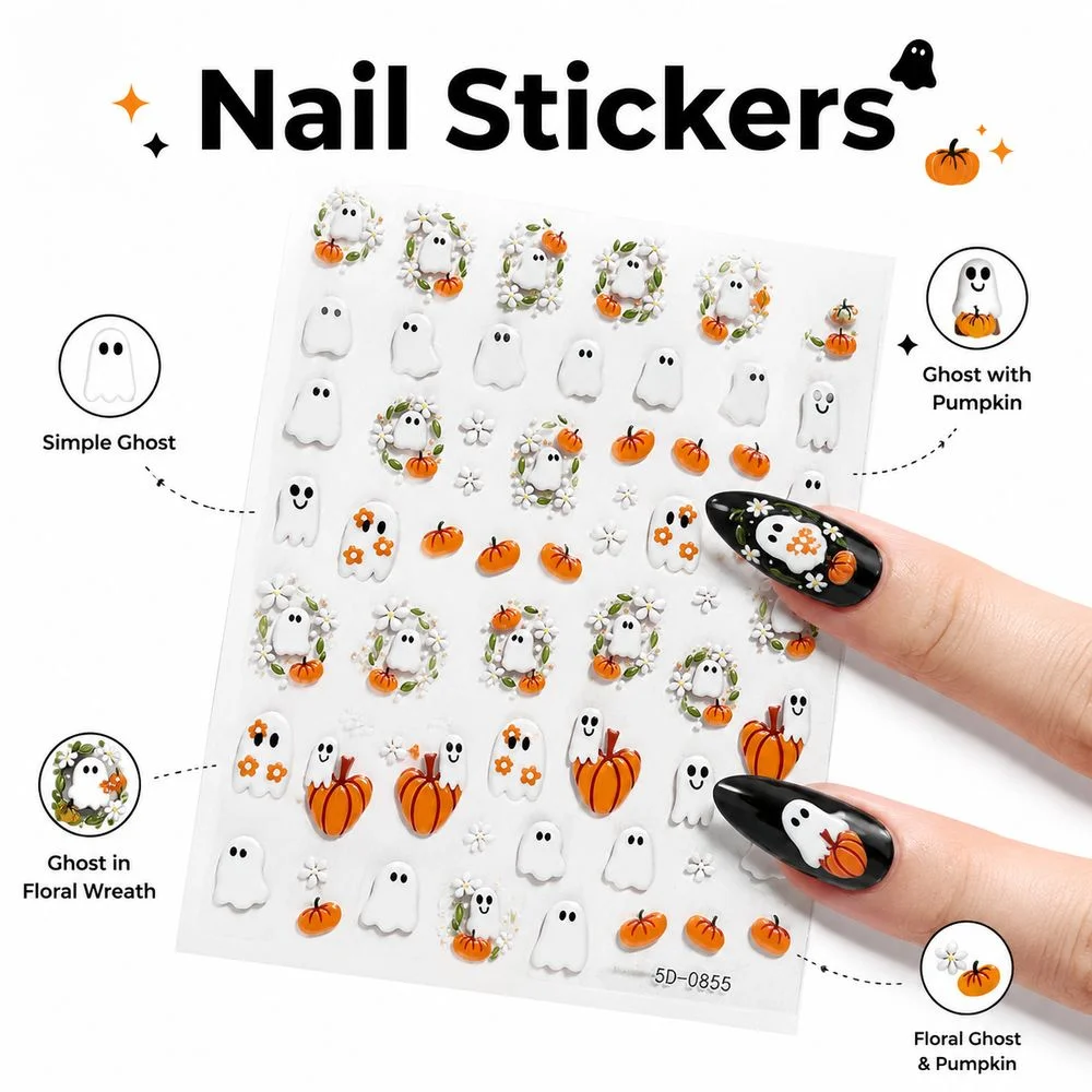 1Pc Soft Cute Ghost Nail Decals Embossed Autumn Pumpkin Floral Border Waterproof Single Sheet Nail Salon Supplies