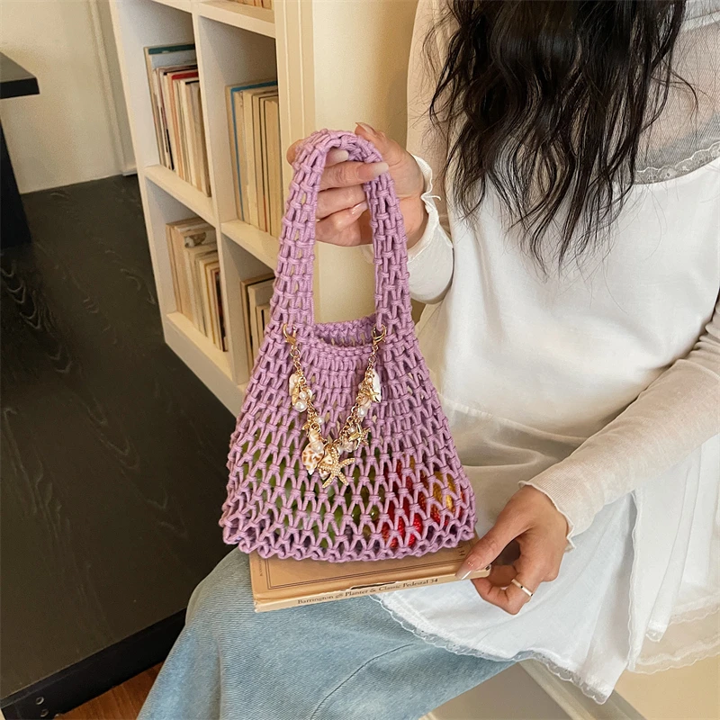 Summer Hollow Out Crochet Mesh Tote Bags Hot Sale Mini Beach Youth Shoulder Purse Shell Starfish Chain Hot Pink Woven Handbag view 5